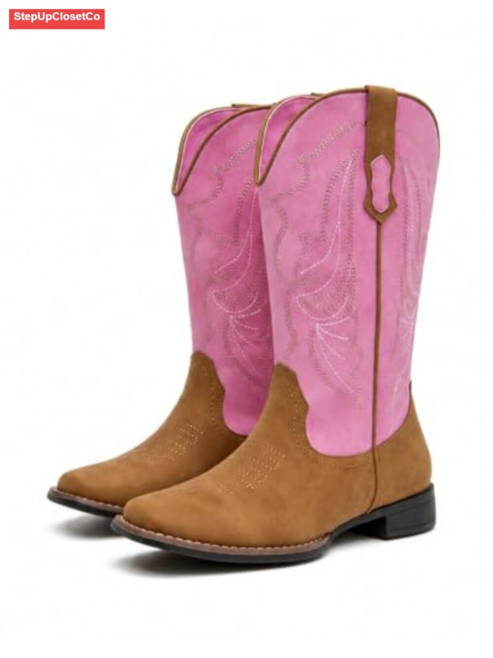 Women's Mid Calf Cowboy Boots Embroidered Square Toe Low Heel Pull On Western